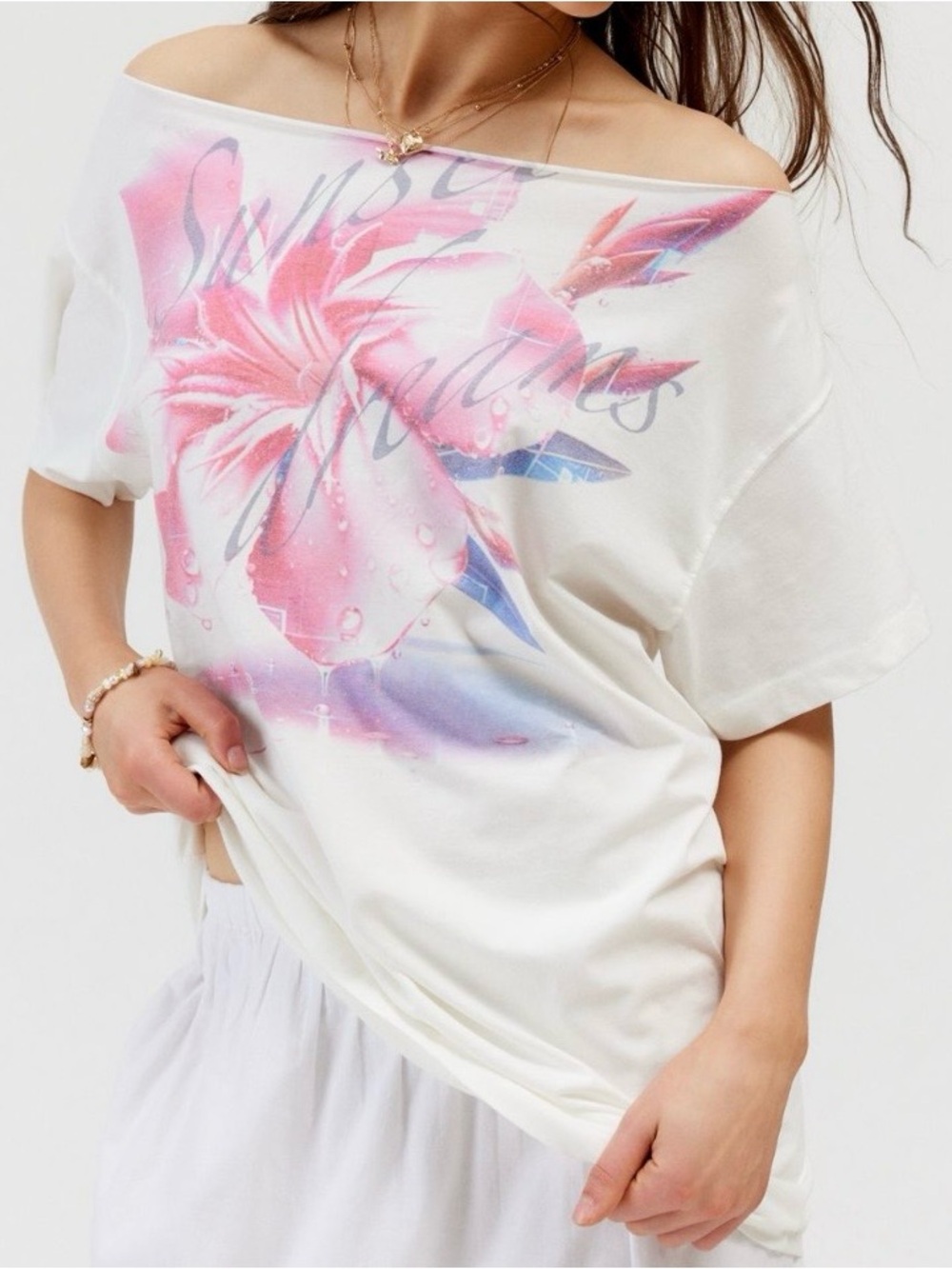 Urban Outfitters White Off-Shoulder Tee with Pink and Blue Floral Print